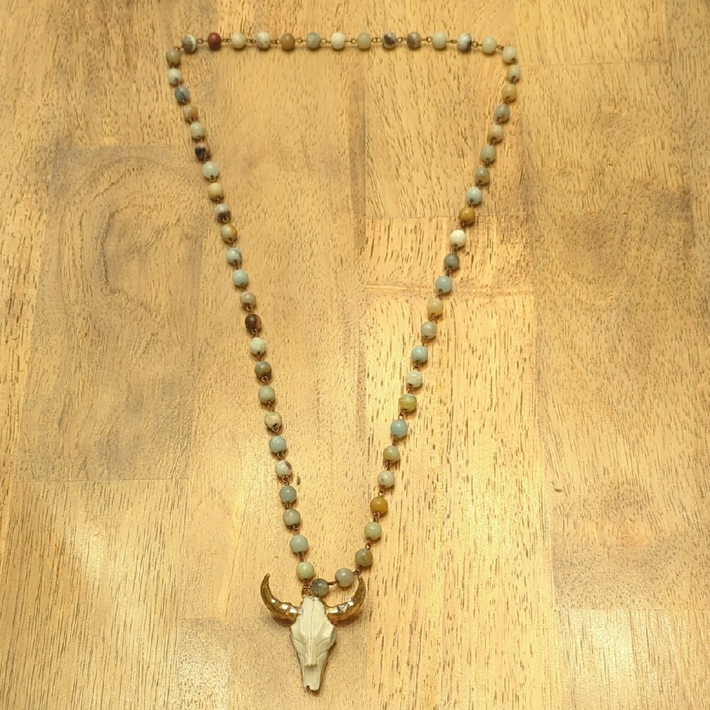 Long Beaded Necklace with Bull Skull Pendant